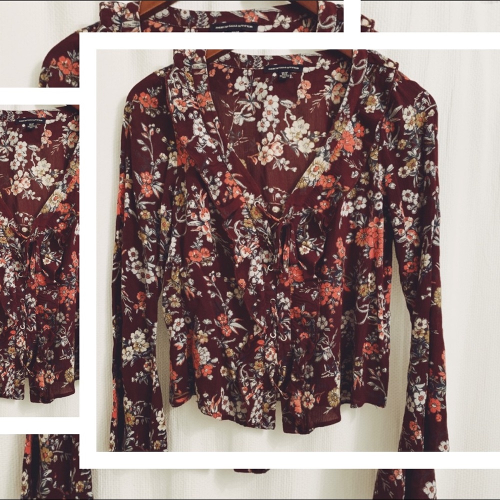 AEO American Eagle Red Bell Sleeve Peasant Top